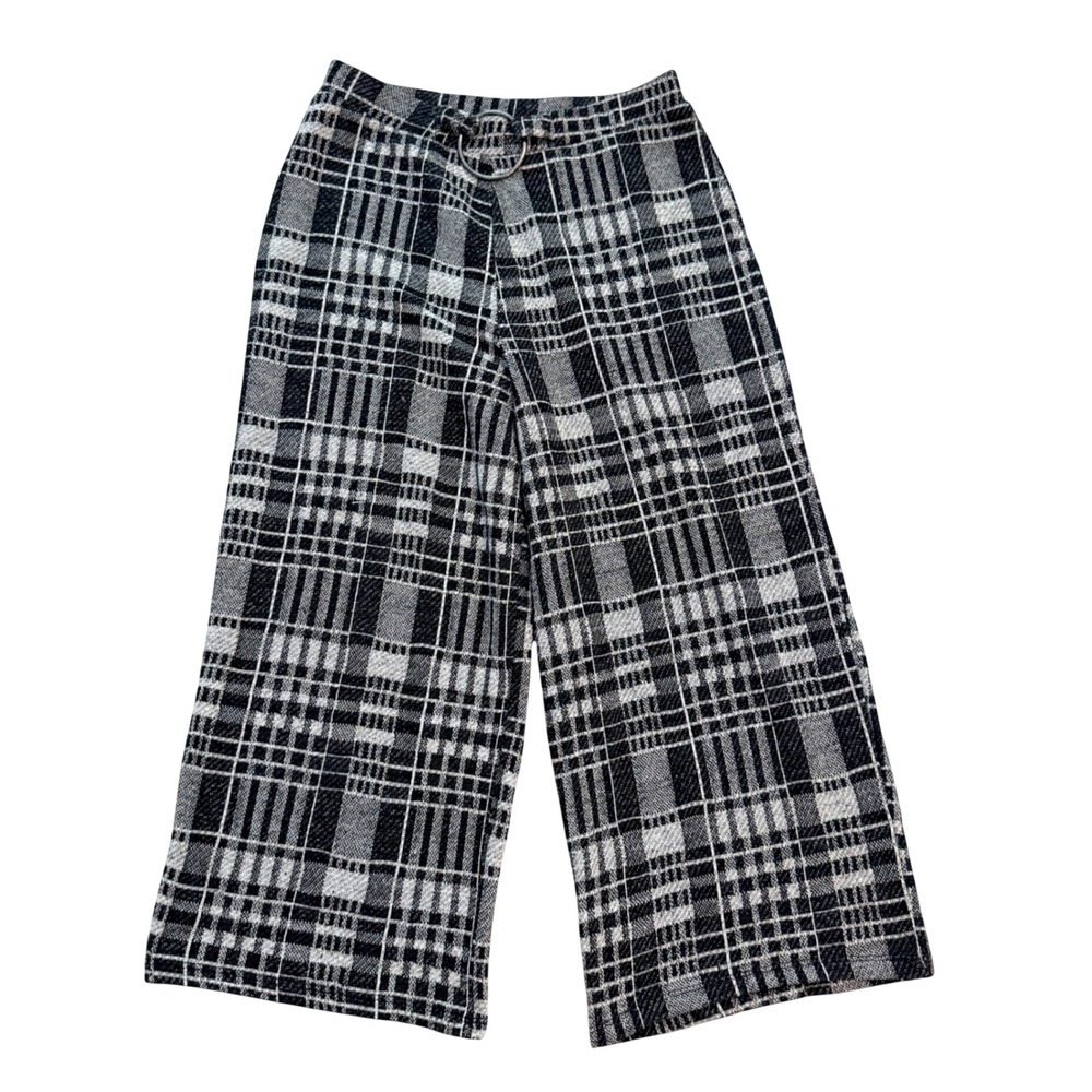 Zara Wide Leg Cropped Trousers Womens Medium Black White Plaid O-Ring Knit Pants